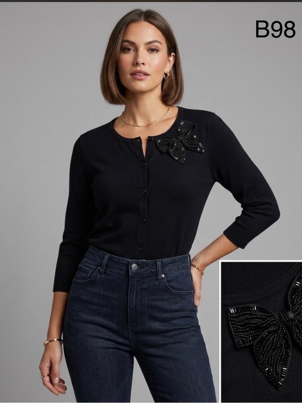 august silk Elegant Black Beaded Bow Cardigan,Size Large